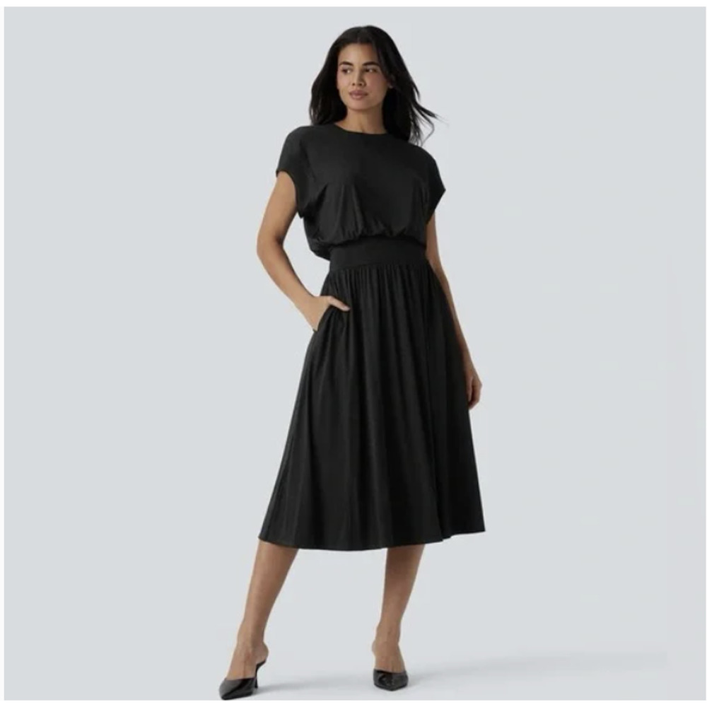 HALARA Black Midi Dress with Elastic Waist